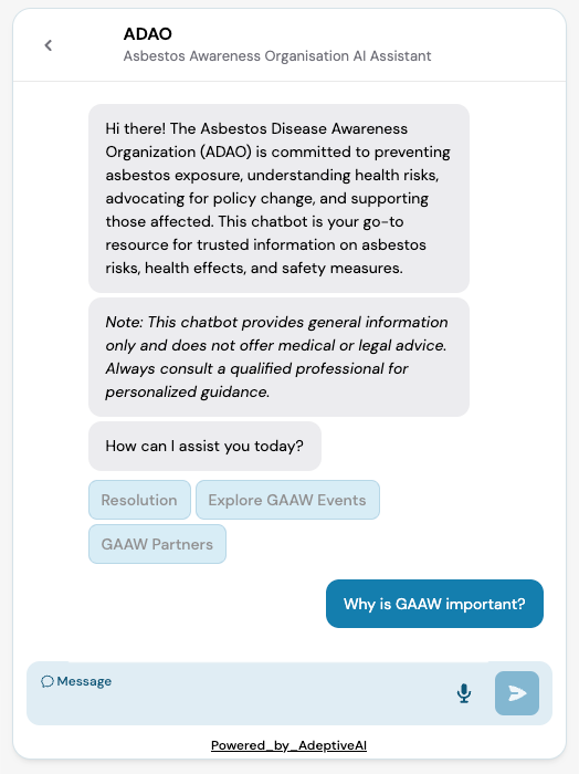 ADAO AI chatbot answering the question "Why is GAAW important?"